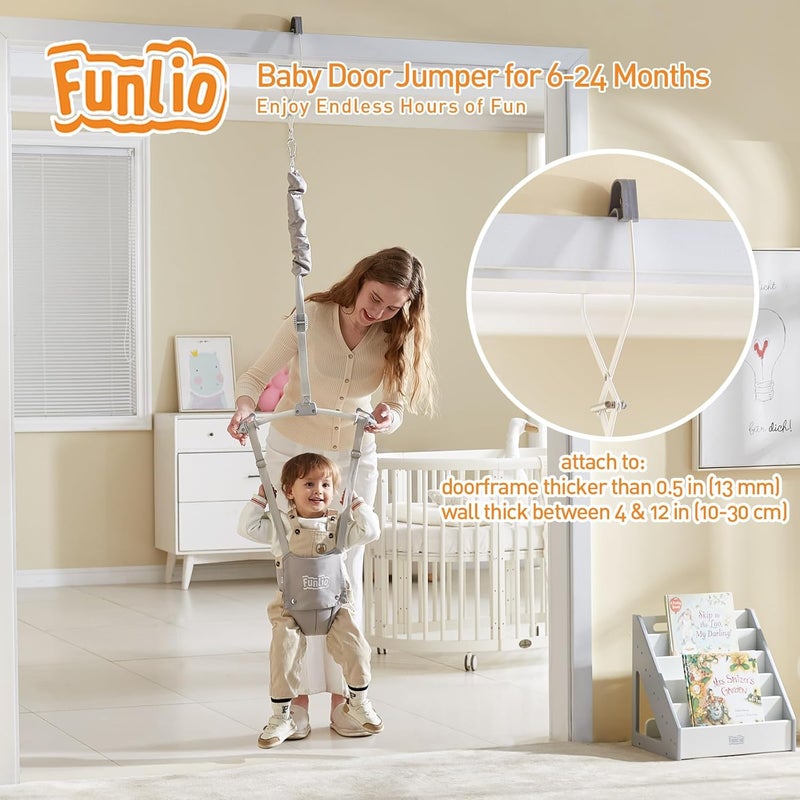 FUNLIO Baby Door Jumper for 6-24 Months (with Door Clamp), Baby Jumper Doorway with Strong Spring & Adjustable Strap, Portable Infant Baby Bouncer, Bearing 40 Lbs, CPC & CE Certified - Gray - Image 2